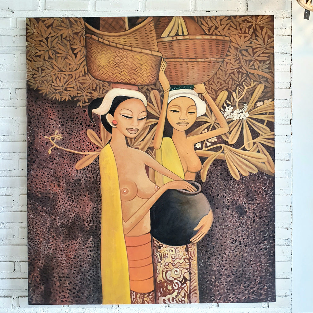 【花】インドネシア　バリ　シバ神　古いので欠損有　古美術　骨董　BALI Two Balinese Woman Painting 150cm x 120cm