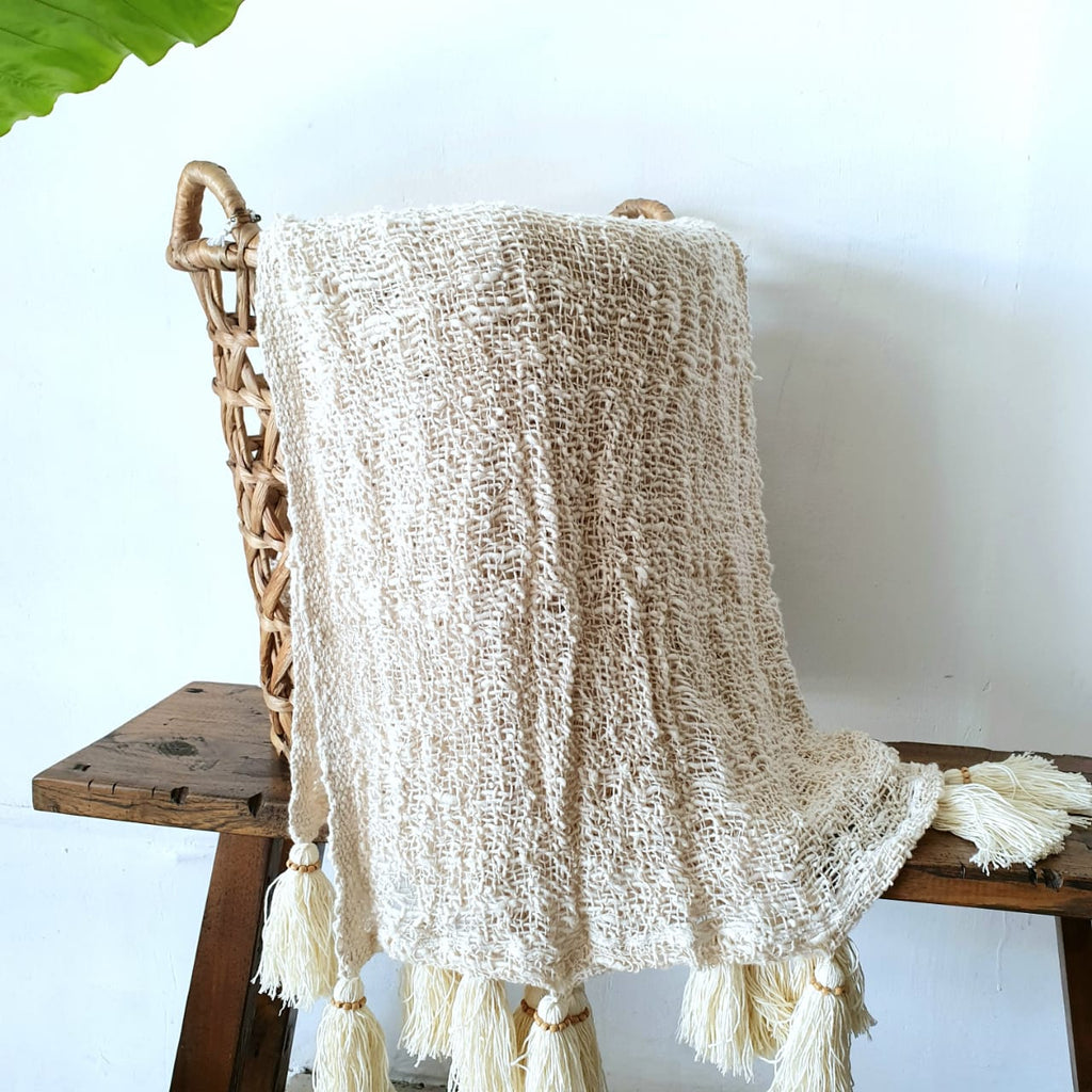 Loose Weave Very Soft Natural Raw Cotton Throw With Tassels or Pompoms Canggu Co