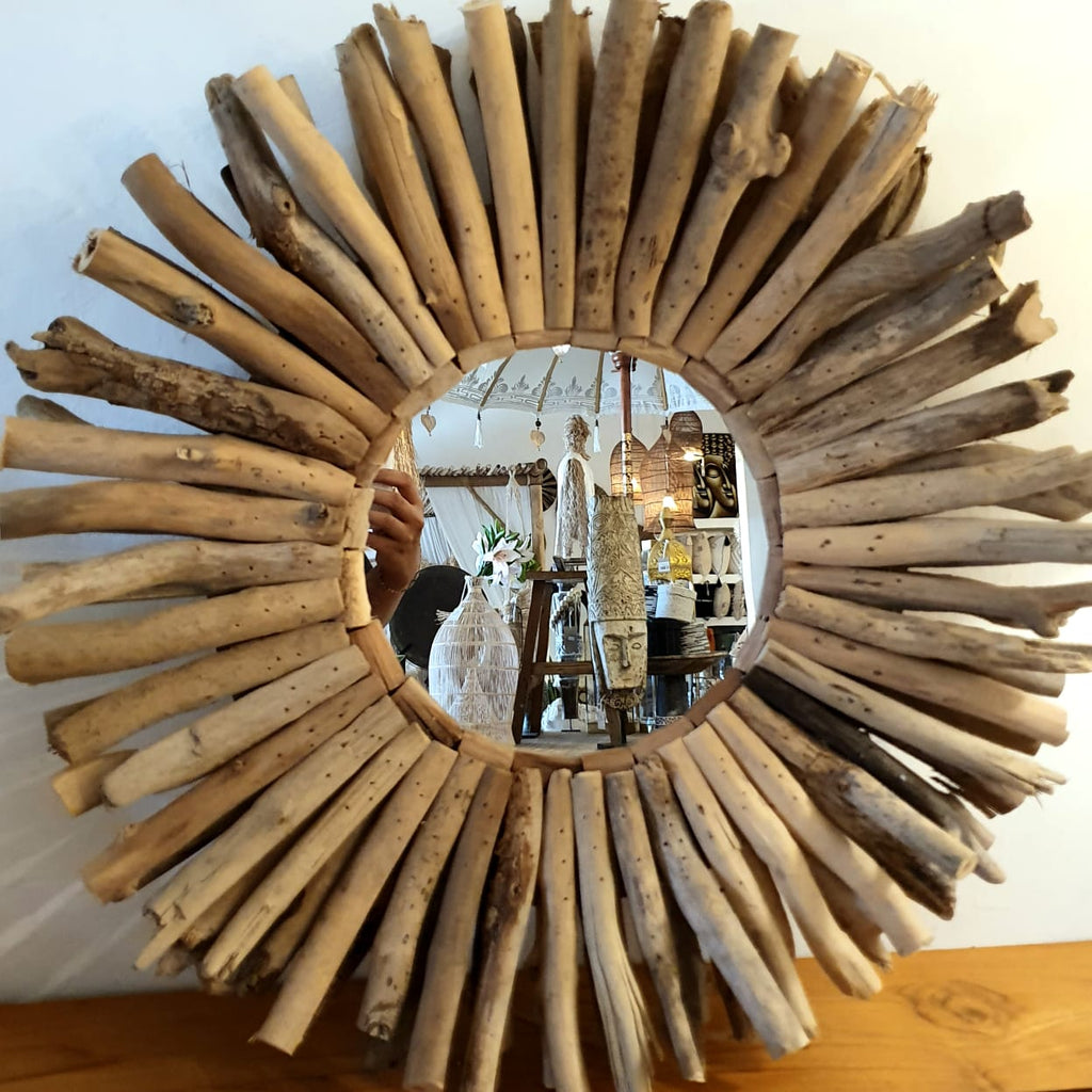 Large Driftwood Round Wall Mirror Canggu & Co