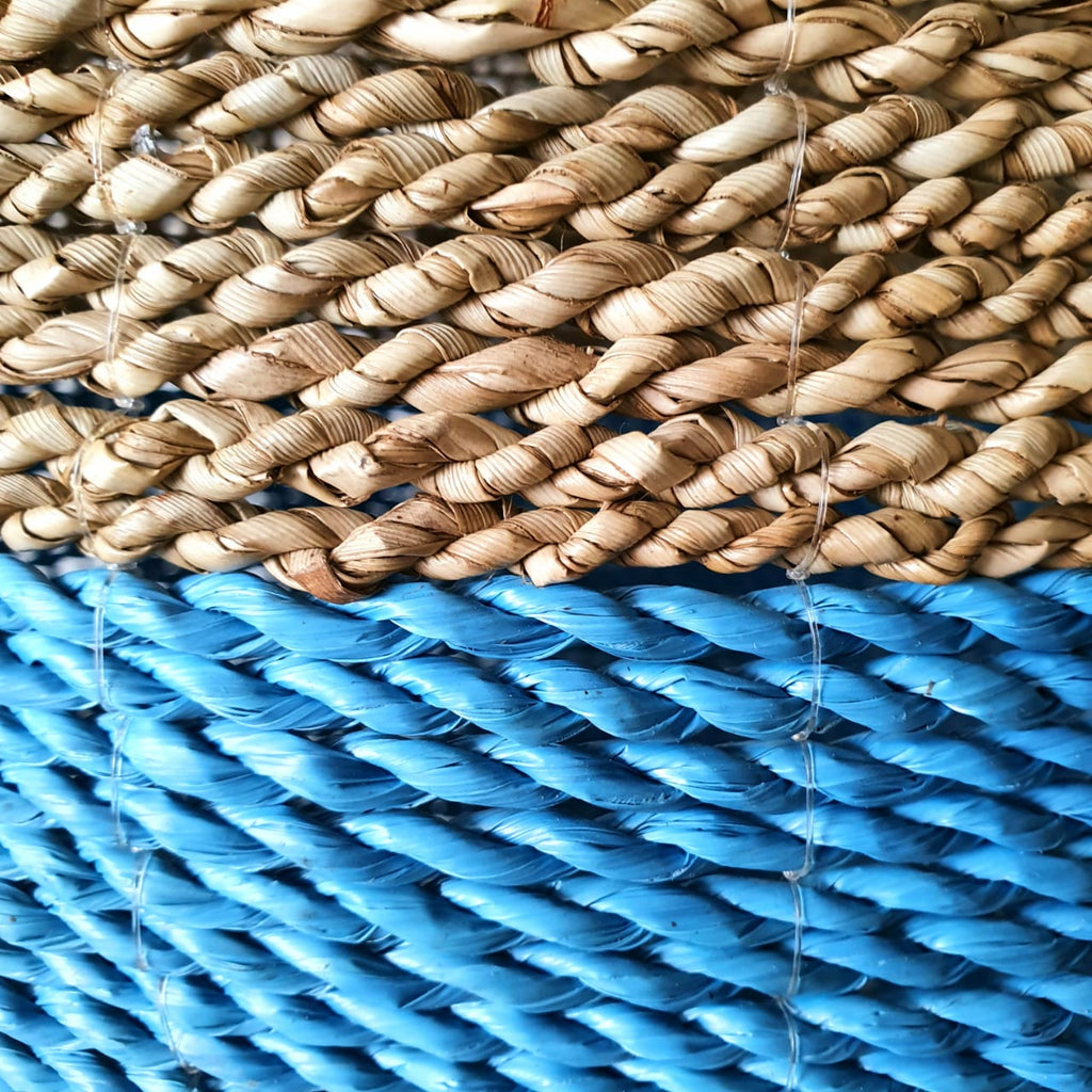 Large Two Tone Blue Raffia & Straw Grass Basket Canggu & Co