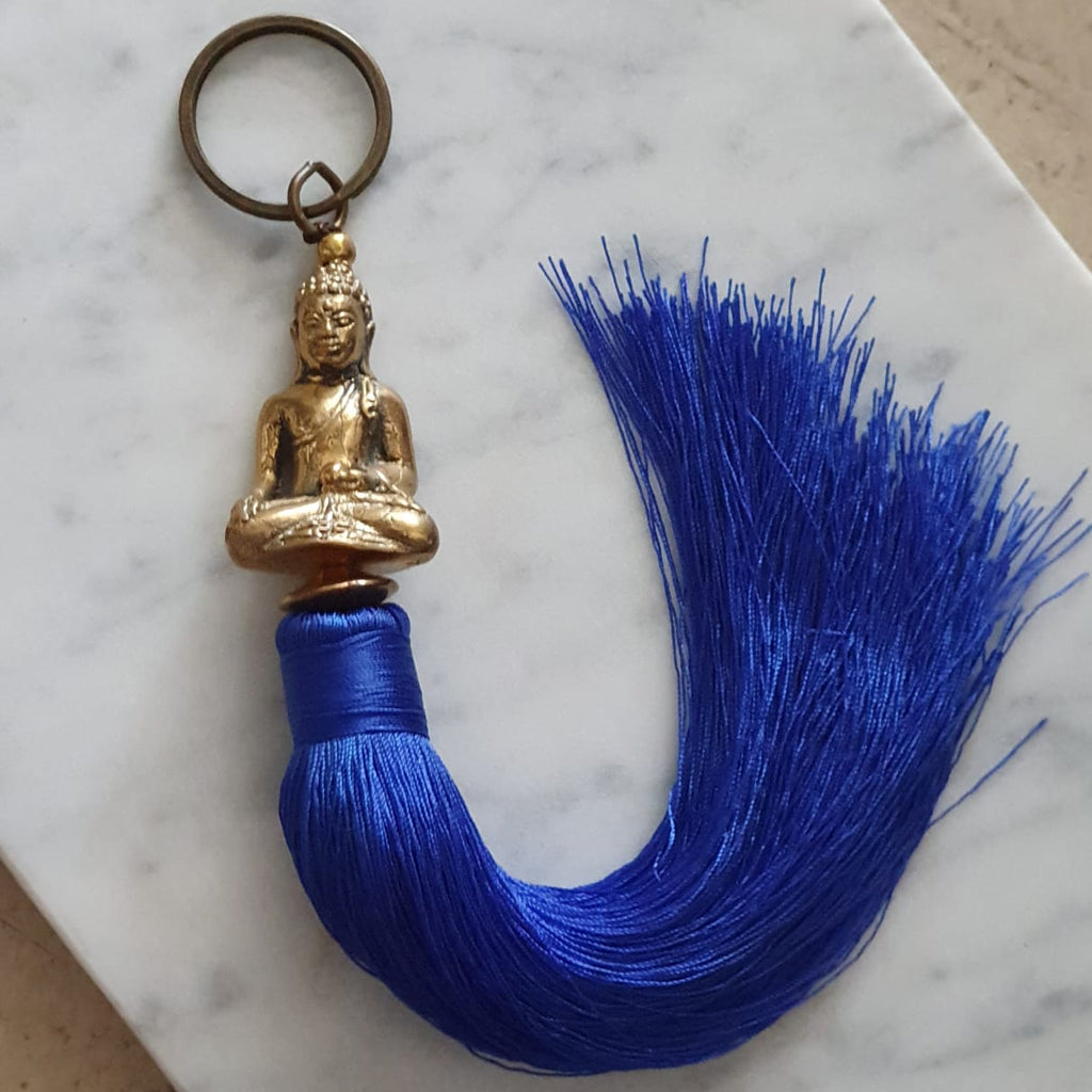 brilliant-hippie Triple Leather Keychain Tassels Gold Blue