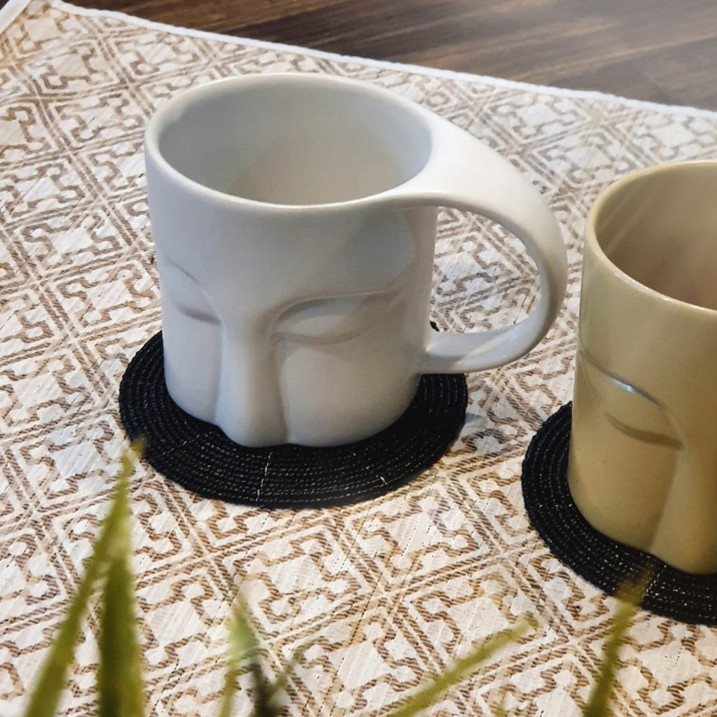 Buddha Face Pattern Ceramic Drinking Mug with Coaster  Canggu & Co