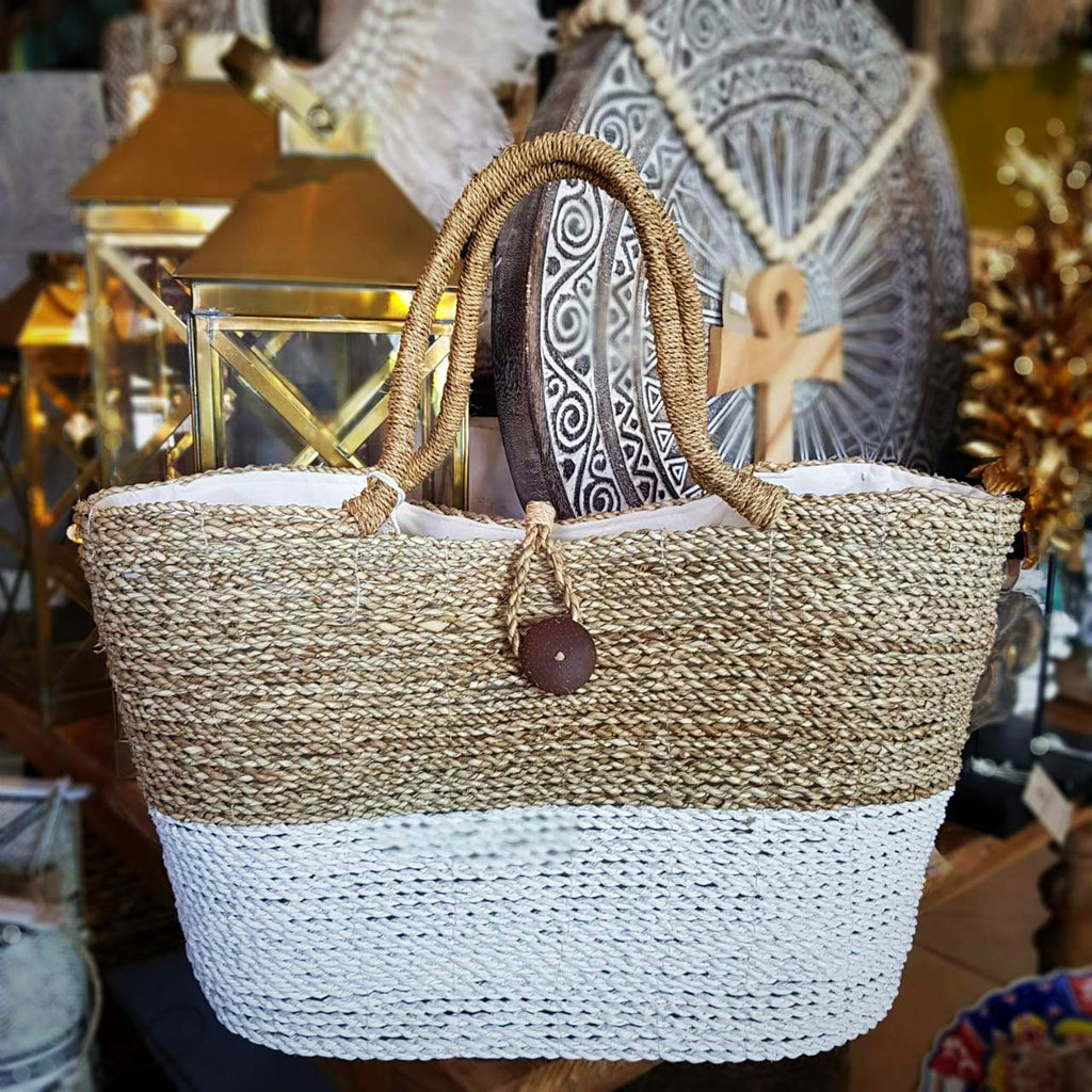 Large Two Tone Raffia Beach Outdoor Tote Bag Canggu Co
