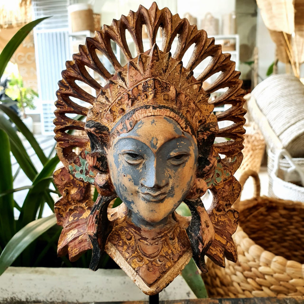 Gold & Blue Antique Balinese Carved Wooden Mask (W) – Canggu & Co