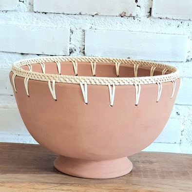 Pottery Bowl With Rattan Woven Rim