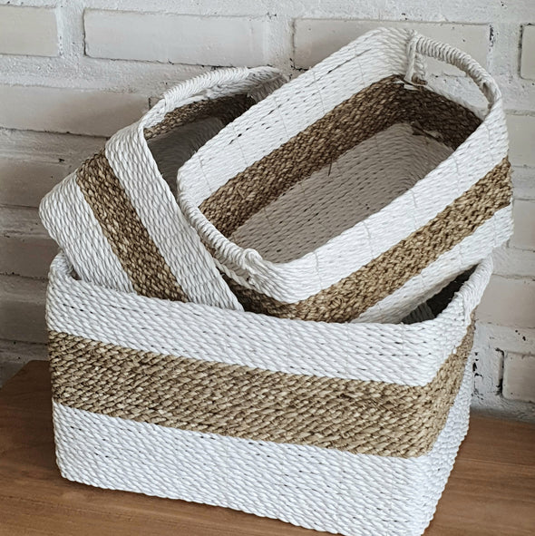 Set of 3 Rectangle White & Nat Basket