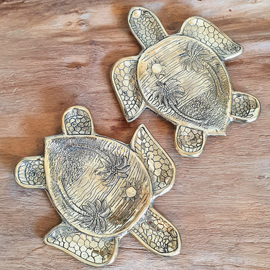 Brass Decorative Plate Featuring Turtle with Carved Sea View Motif