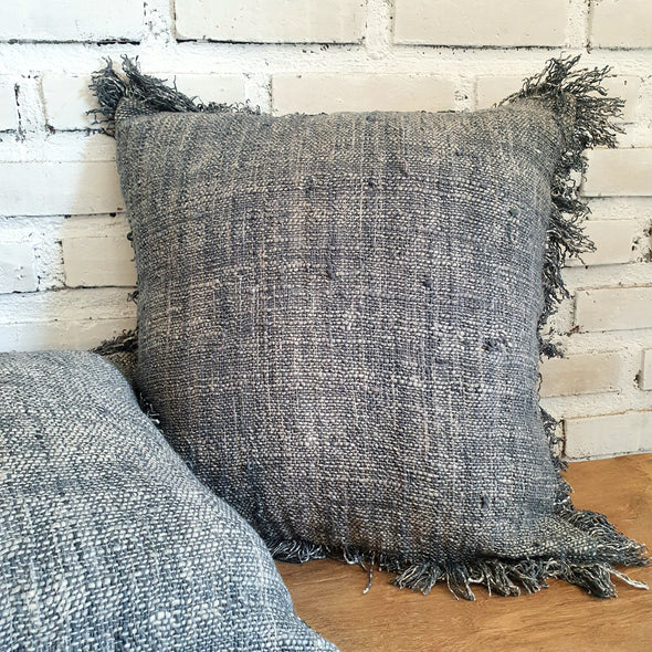 Charcoal Gray Colored Raw Cotton Cushions With Fringe