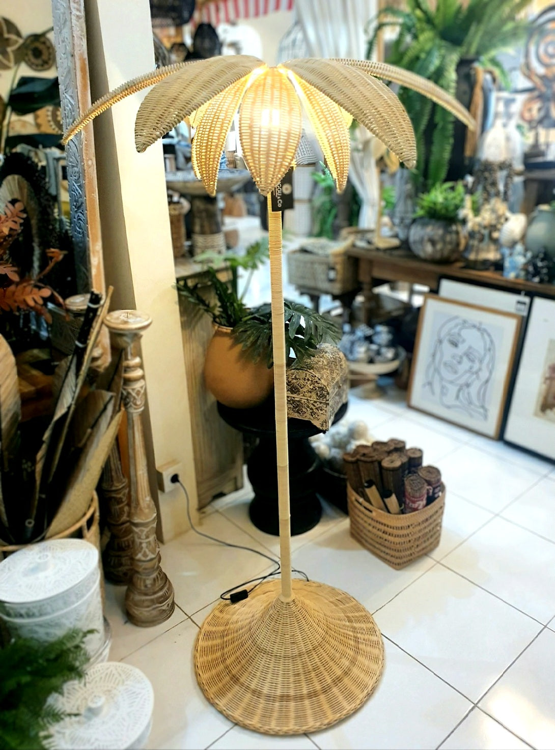 coconut palm tree lamp Standing Rattan Lamp with Palm Tree Design – Canggu & Co