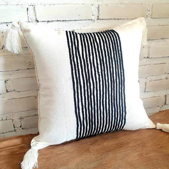 Black Striped Motif Cushion With Tassel