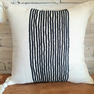 Black & White Striped Motif Cushion With Tassel