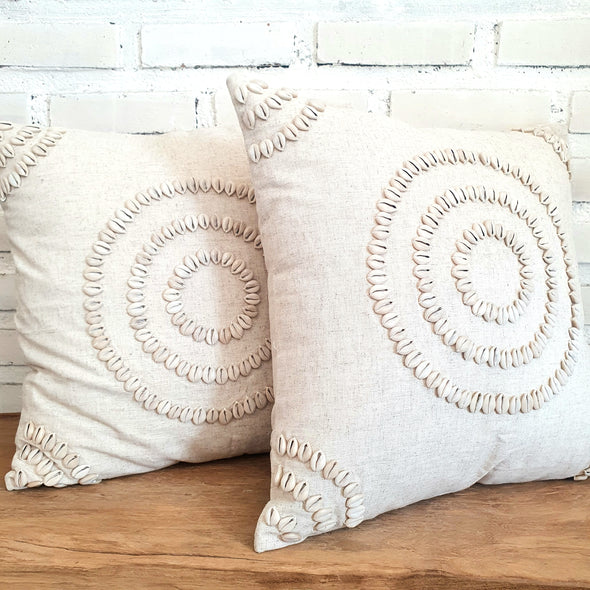 Natural Linen Cotton Cushion With Cowrie Shells