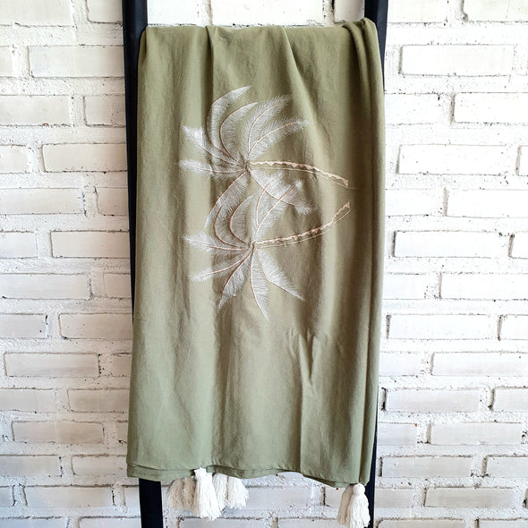 Green Palm Cotton Throw with Tassels