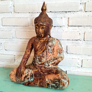 Antique Orange Wooden Meditating Buddha (W)