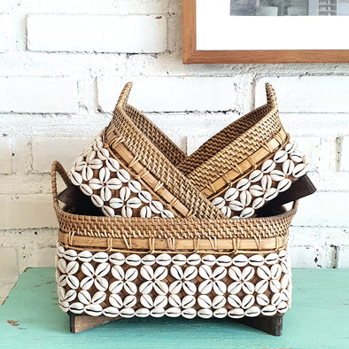 Set 3 Square Rattan, Bamboo & Shell Basket Trays With Handles