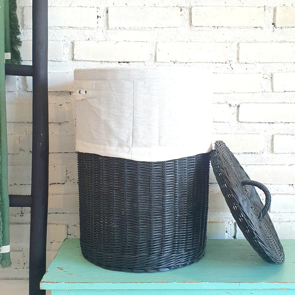 Round Black Rattan Basket with Inner Lid (W)