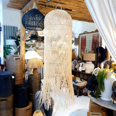Tall Cylinder Rattan Lamp Shade with Fringe