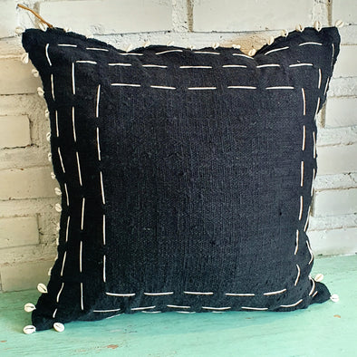 Raw Black Cotton Cushion with Hand-Stitched Shells
