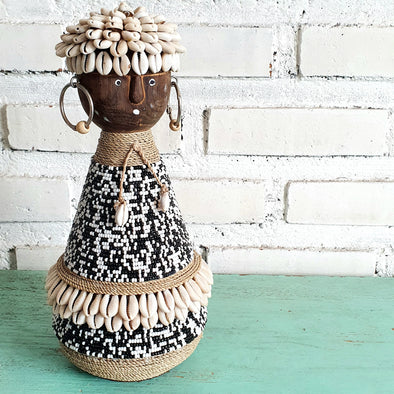Beaded Shell Ethnic Wooden African Statue (W)