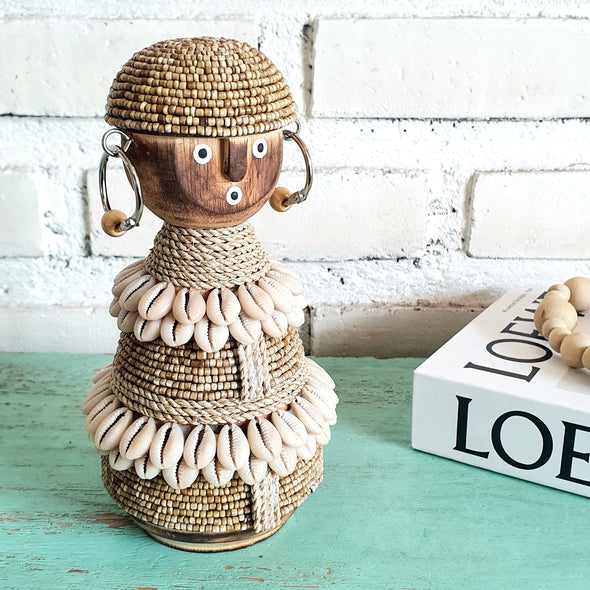 Beaded Shell Ethnic Wooden African Statue (W)