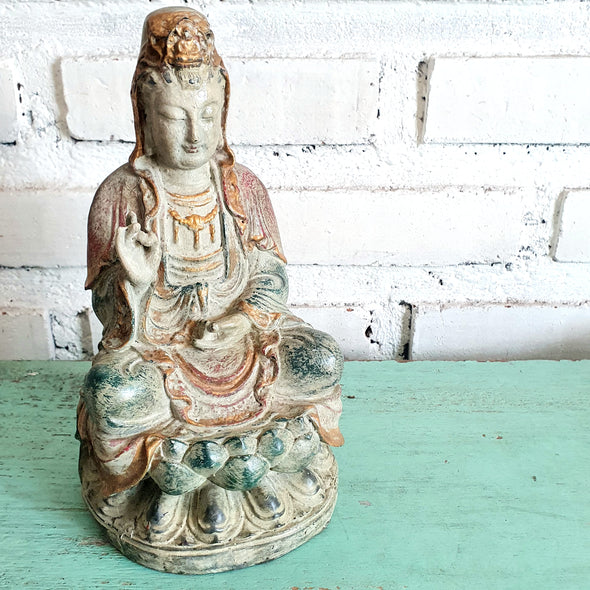 New Antique Large Resin Sitting Dewi Kwan In Statue (BDG)