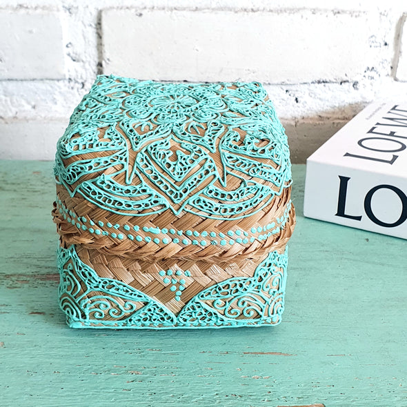 Multicolor Balinese Keben Hand Painted White Natural Bamboo Prayer Box