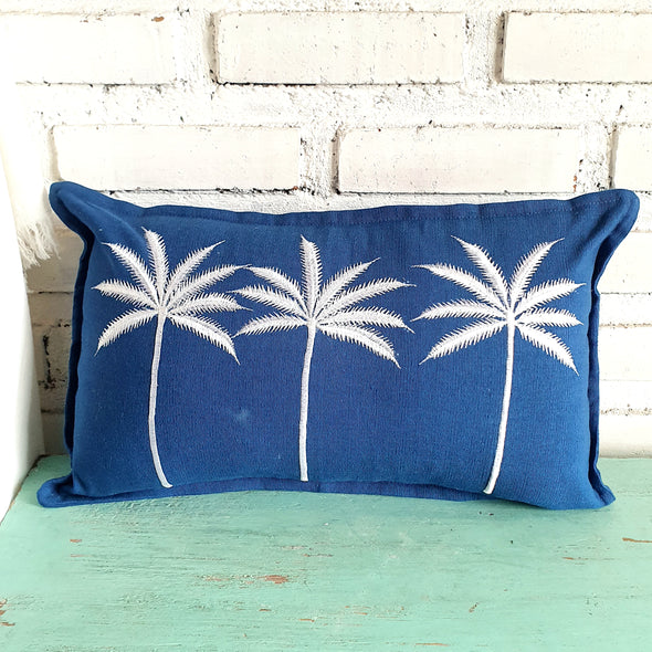 Blue Palm Tree Embroidered Cushion