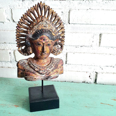 Gold & Brown Antique Balinese Dancers Carved Wooden Mask (W)