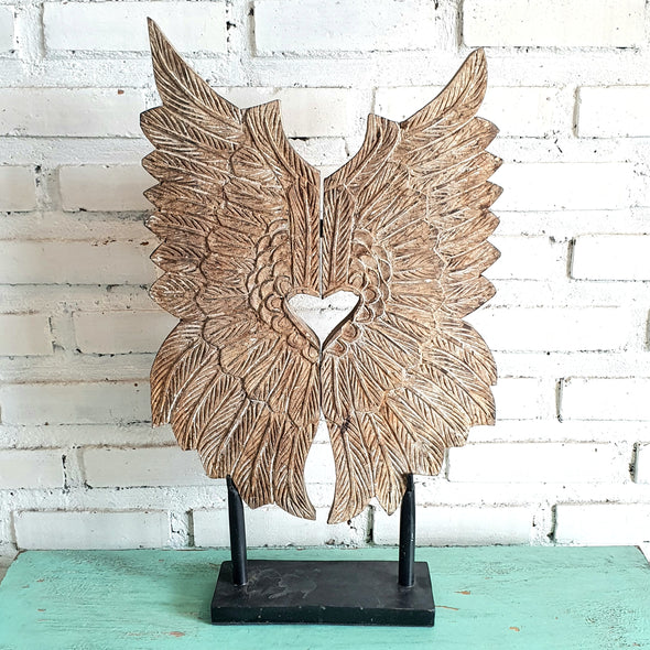 Carved Wooden Angel Wings with Heart on Stand