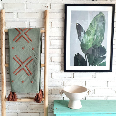 Green Cotton Throw with Terracotta Embroidery