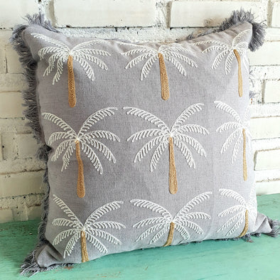 Grey Palm Tree Embroidered Cushion with Fringes
