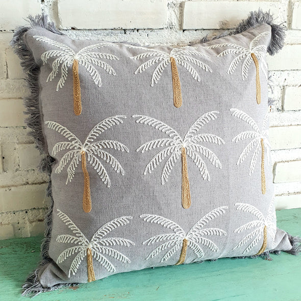 Grey Palm Tree Embroidered Cushion with Fringes