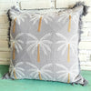 Grey Palm Tree Embroidered Cushion with Fringes