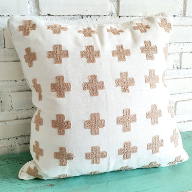 White Cushion with Brown Cross Embroidery