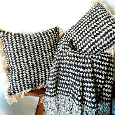 Black & Natural Aztec Triangle Motif Cushions With Fringe