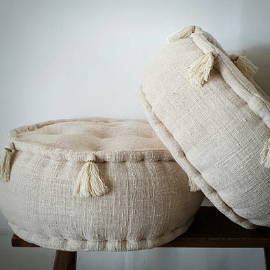 Natural Raw Cotton Pouff With Tassels (Round)