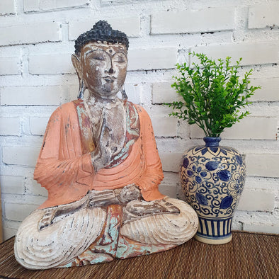 Antique Orange Wooden Meditating Buddha