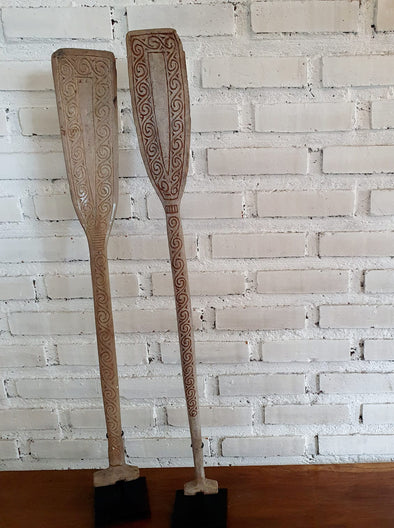 Tribal Carved Wooden Canoe Paddle with Stand