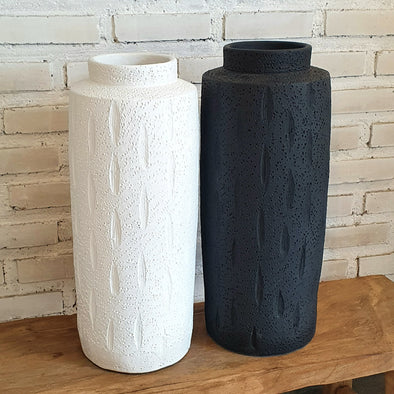 Tall Cylindrical Pottery Vase in Black & White