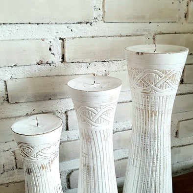 Carved Pillar Wooden Candle Holder01 (Small Set 3)