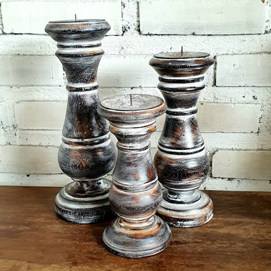 Carved Pillar Wooden Candle Holder05 (Small Set 3)