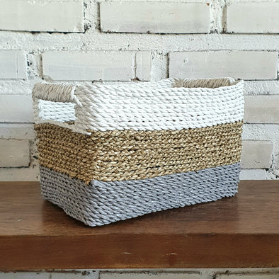 Set of 3 Rectangle Grey & Nat White Basket (W)