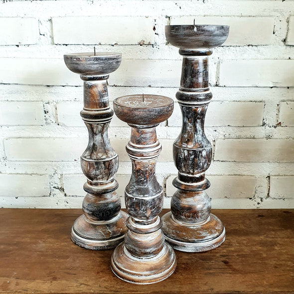 Carved Pillar Wooden Candle Holder06 (Small Set 3)