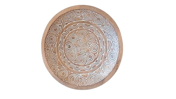 Natural Wash Tribal Pattern Carved Wooden Plate Decor