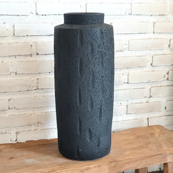 Tall Cylindrical Pottery Vase in Black & White