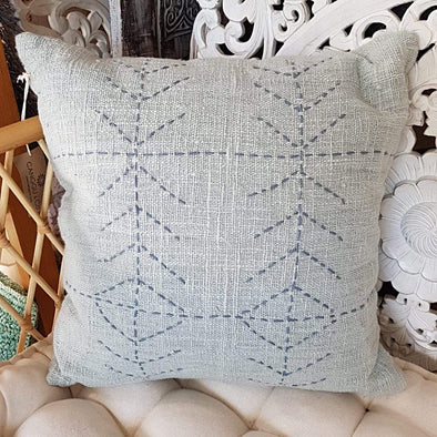 Blue Arrow Stitch Motif Raw Cotton Cushion - Canggu & Co