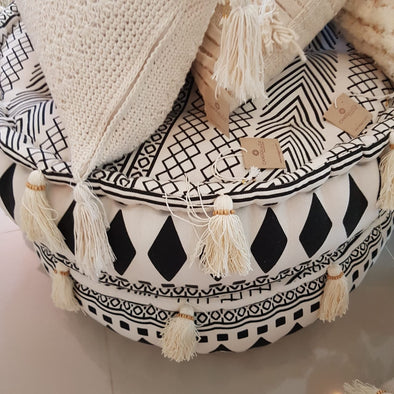 Round Aztec Pattern Linen Cotton Pouff With Tassels - Canggu & Co