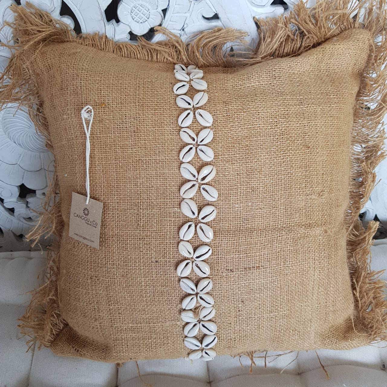 Cowrie Shell Pattern Jute Cushion With Fringe – Canggu & Co