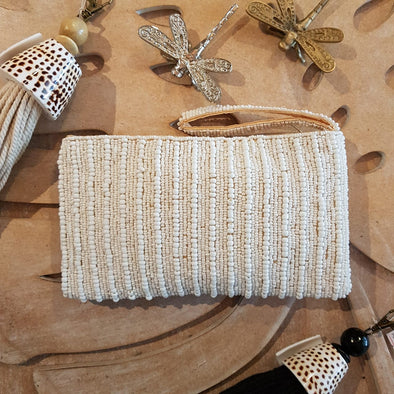 White Stripe Pattern Woven Beaded Clutch With Strap - Canggu & Co