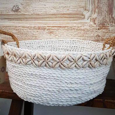 Medium Sized Round Synthetic Raffia And Sea Shell White Baskets - Canggu & Co